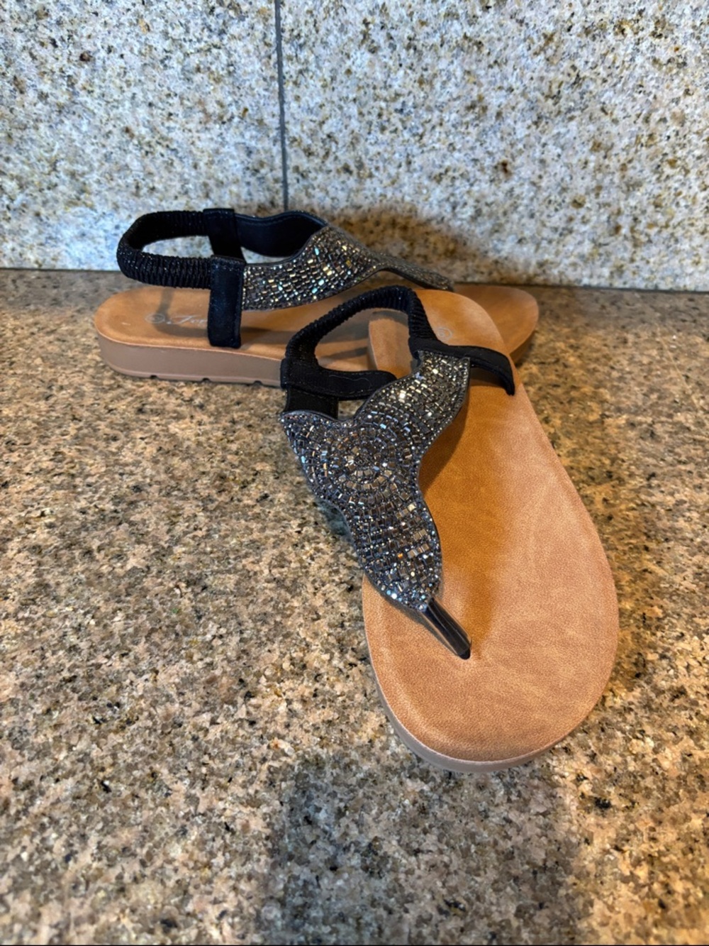 Embellished Black Women’s Slingback T-Strap Sandals